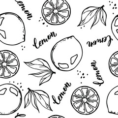 Lemon vector seamless pattern with lemons on branch, cut lemon, lemon leaves, splashes of juice, lettering lemon. Repeated background for textile design, printed and web products.