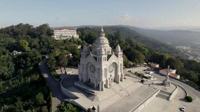 Aerial view around the Santu&aacute;rio de Santa Luzia, in sunny Viana Do Castelo, Portugal - orbit, drone shot