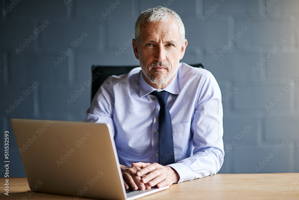 Poster Serious about business. Cropped portrait of a mature businessman working in his office.