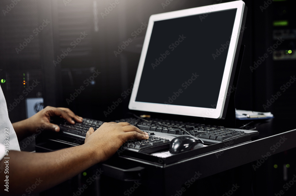 Poster each server needs to be thoroughly checked. cropped shot of an unrecognizable it technician using a 