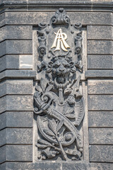 Ancient decoration element of scary lion head in downtown historical center of Dresden, Germany