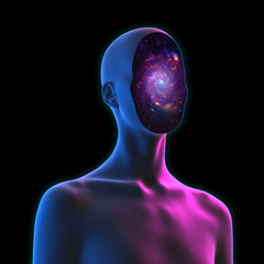 Abstract creative illustration from 3D rendering of female bust figure with galaxy deep space particles face isolated on black background in vaporwave style colors lighting. 
