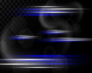 Blue and white neon horizontal glare rays with light reflection on a transparent background. Laser beams, horizontal light beams.