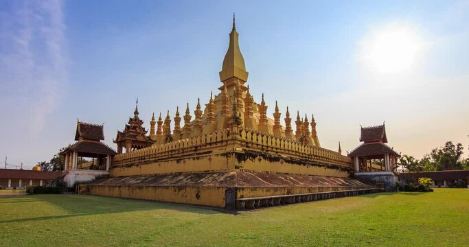 Pha That Luang Vientiane Grate Stupa Landmark Travel Place Of Vientiane, Laos Sunset Time Lapse (tilt up)