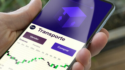 Invertir en transporte ETF, un inversor compra o vende un fondo etf. Texto en español