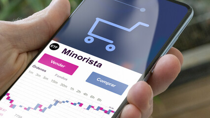 Invertir en minorista ETF, un inversor compra o vende un fondo etf. Texto en español