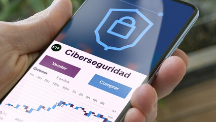 Invertir en ciberseguridad ETF, un inversor compra o vende un fondo ciber seguridad etf. Texto en español