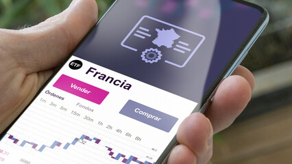 Invertir en ETF, un inversor compra o vende un fondo Francia etf. Texto en español