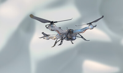 Realistic background with flying drone quadcopter with digital camera. Modern advertisement drone concept footage. Future technology of delivery, logistics and military development