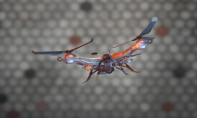 Realistic background with flying drone quadcopter with digital camera. Modern advertisement drone concept footage. Future technology of delivery, logistics and military development
