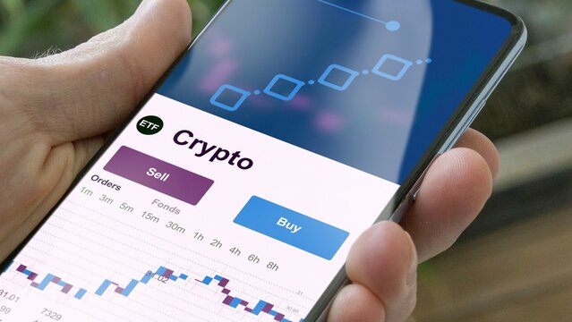 Invest in crypto ETF, an investor buys or sell an etf fund blue chips blockchain cryptocurrency.