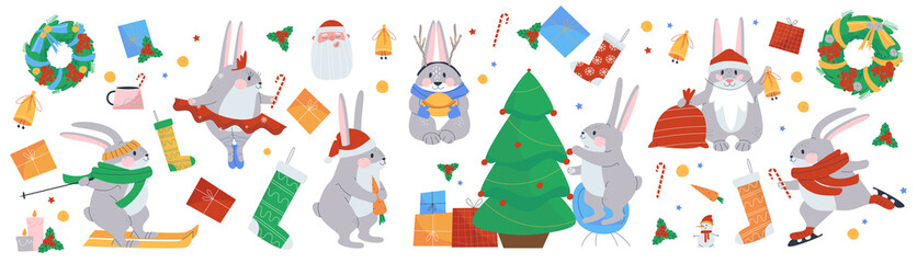 Christmas banner with cute Christmas bunnies. Hare skier. The rabbit is decorating the tree. Bunny Santa Claus. Flat vector illustration. Eps10