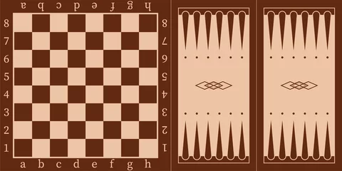 Foto op Canvas Brown wooden chessboard and backgammon board for playing with chips and dice, top view vector illustration. Abstract pattern for tabletop, vintage empty checkerboard for strategy games background. © backup16