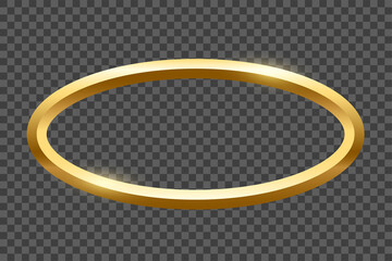 Gold oval frame for picture on transparent background. Blank space for picture, painting, card or photo. 3d realistic modern template vector illustration. Simple golden object mockup.