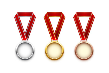 Golden, silver and bronze blank medals hanging on red ribbons isolated on white background. Vector sports illustration.