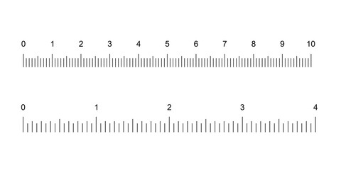 Ruler tape set with vertical black line divisions and numbers to measure length vector illustration. Simple school tool 4 inches and 10 centimeters long, objects for math lesson on white background