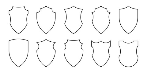 Black line shields of different shapes set, abstract internet safety linear icons