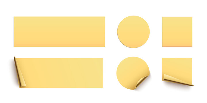 Golden glued square, circle and rectangle stickers with gold curling edges. 3d blank paper labels vector illustration. Badges with twisted edges on white background