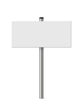 Empty metal sign post vector illustration. Realistic 3d blank steel signboard with blank placard for information and white plank, billboard panel on bollard, guidepost isolated on white background.