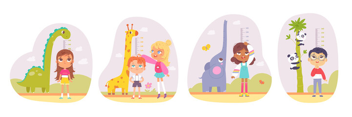 Children measure height with funny kids meter on wall, growing progress of boys and girls