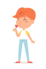 Cute boy in love sending air kiss, blowing with heart, child showing romantic feelings