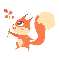 Cute squirrel character holding branch with berry fruit, happy animal carrying plant