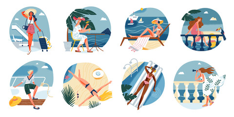 Summer seaside vacation of girls set, woman sunbathing on beach, swimming in sea or pool
