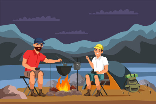 Father and son camping and cooking in camp bowler at stake. Family travelling, vacation, hiking, happy fatherhood and childhood, spend time together, hobby concept. Vector character illustration