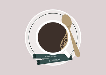 A top view of a cup of black coffee on a saucer with cane sugar packets - obrazy, fototapety, plakaty