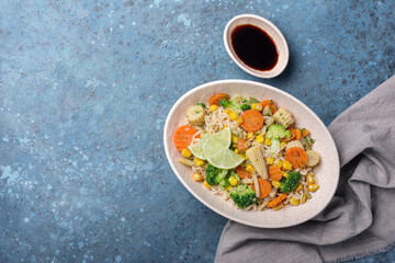 Traditional dish of Asian cuisine: noodles with vegetables