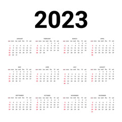 Calendar 2023 template. Tradicional calendar. Calendar starts sunday. Vector illustration.