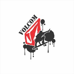 vector logo that says "volcom" and a man skateboarding with water splashing in the background