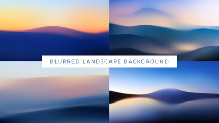 Set of blurred gradient landscapes and seascapes in fog. Vector illustration of mountain slopes at sunset, desert dunes at sunrise. Abstract wavy background. Wallpaper with silhouettes of hills.