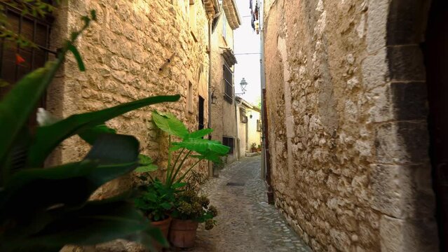 Medieval fortified village of Saint-Paul-de-Vence.
Empty narrow street in the south of France. Window openings and doors are decorated with decorative trim in St. Paul de Vence. Colorful old street