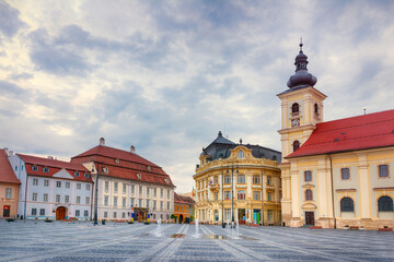 Fototapeta na wymiar European old town. Morning in historical center of Sibiu, Romania