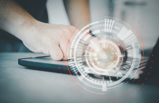 Businessman hand pointing on the keyboard with creative glowing round ruble chart hologram.