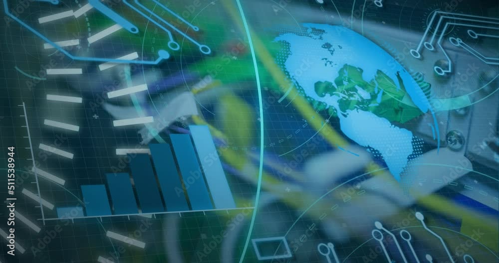Poster animation of data processing and globe over computer wires
