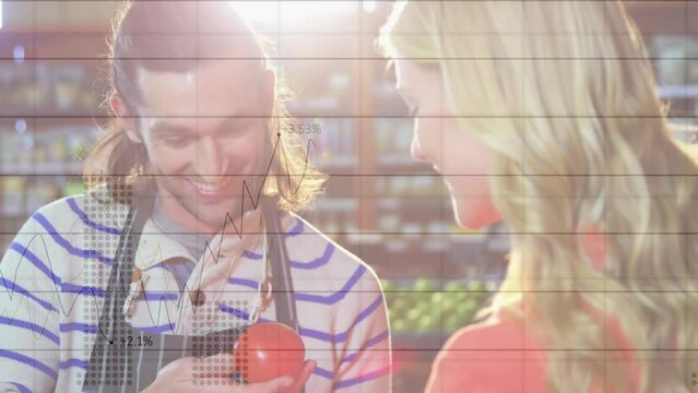 Animation of financial graphs over happy caucasian male seller and female customer in grocery shop - Powered by Adobe