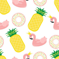 Seamless pattern with summer elements: inflatable circle in the form of a donut and flamingo, swim mattress in the form of a pineapple. Summer beach party. Vector image.