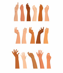 Hands of different skin color raised up