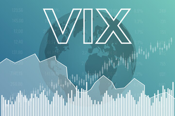 Volatility VIX index graph on blue finance background with columns, line, candlesticks, text