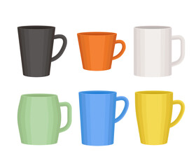 Set of cups of different colors in cartoon vector style. Coffee cups and Mugs in black, white, green, orange, yellow, blue colors. 