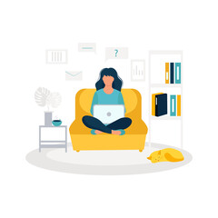 The girl is a freelancer. Work online. A woman is sitting with a laptop on the couch. Vector