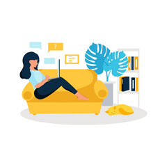 The girl is working on a laptop on the couch. Freelance, remote work. Vector