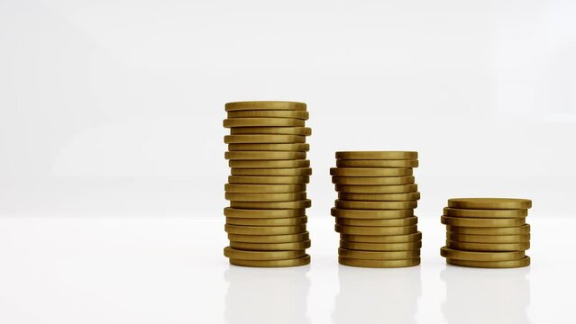 3D animated golden coins stacking in 3 parts on white background. 3D render.