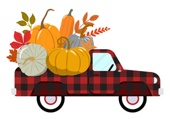 Red buffalo plaid pickup truck with colorful fall pumpkins. Happy Thanksgiving, and harvest season. Vector illustration. Isolated on white background.