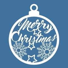 Christmas ball with snowflakes and stars cut out of paper. Template for Christmas cards. The image is suitable for laser cutting or printing. Festive background, vector illustration.