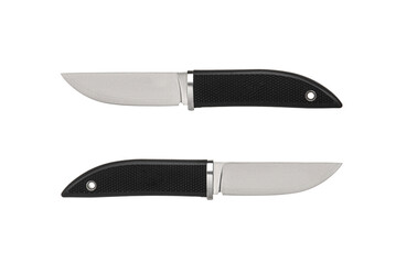 Modern hunting knife with silver blade and rubber handle. Steel arms. Isolate on a white back