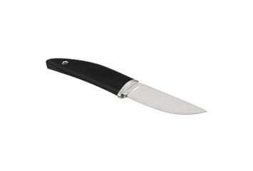 Modern hunting knife with silver blade and rubber handle. Steel arms. Isolate on a white back