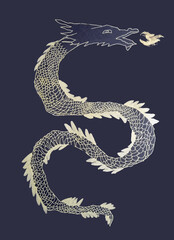 Hand drawn traditional Chinese mythological animal illustration. Golden Dragon on black background.